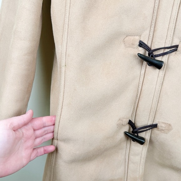Lands' End Women's L 14-16 Faux Suede Toggle Coat Hooded Sherpa Lined Beige - Picture 3 of 10